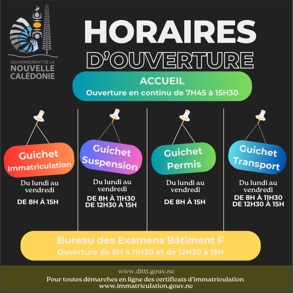 Horaires d'ouverture au public de l'accueil et guichets de la DITTT